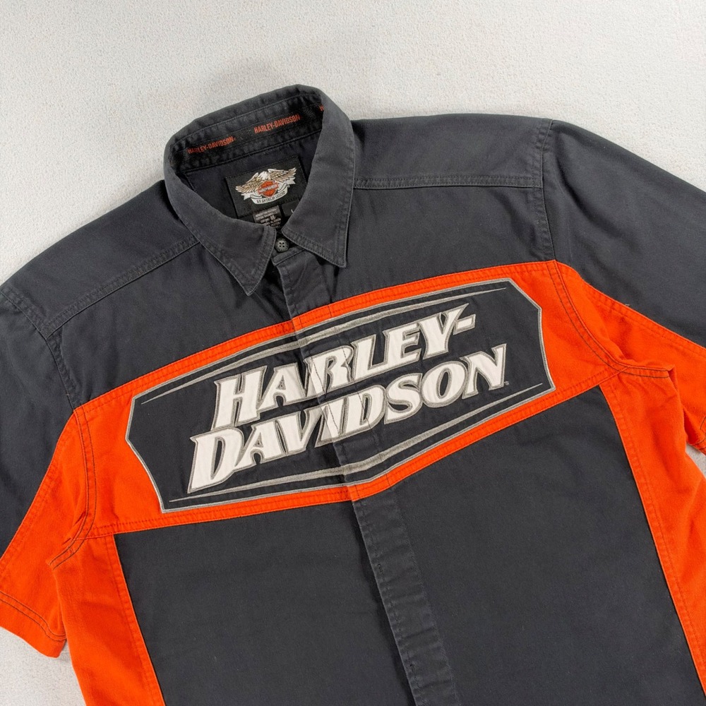 Harley-Davidson Shirt Graphic Logo Large Black Orange Colorblock Button Up